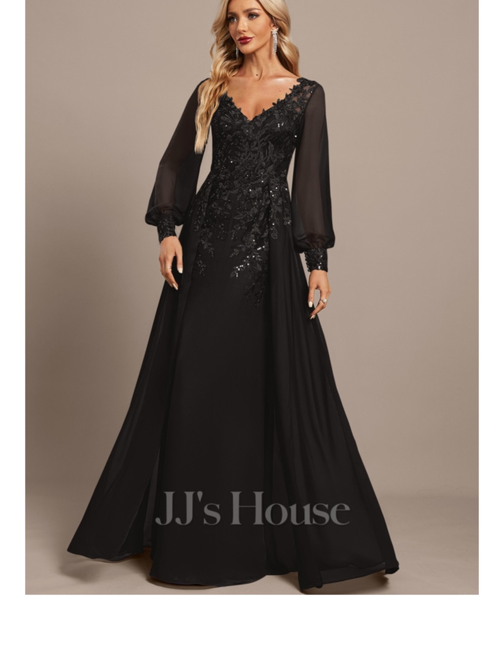 JJs House Black V-Neck Long Sleeve Embellished Chiffon Maxi Dress